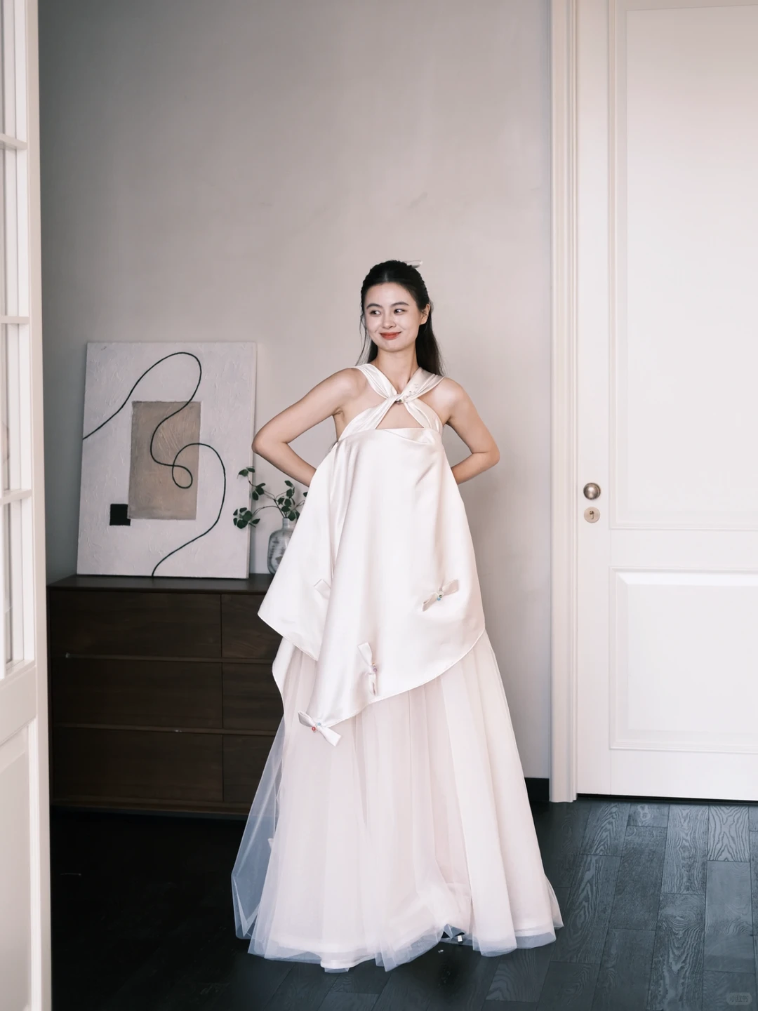 Halter Cutout Satin Tulle Wedding Dress with Beaded Bow Details  NV7385