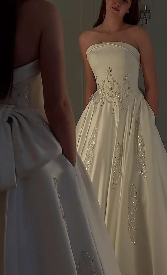 NiceVestidos--White Long Satin Wedding Dress With Delicate Beads NV5885