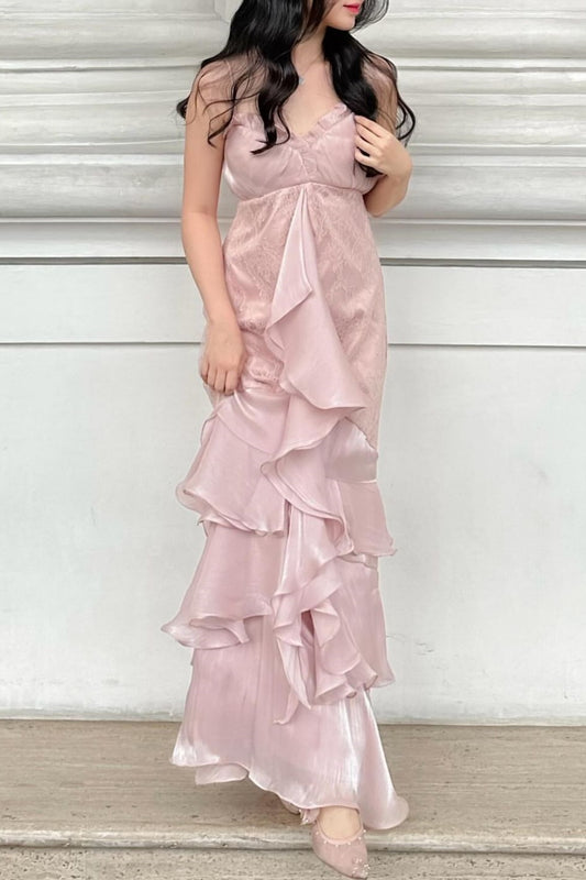 NiceVestidos--Pink lace chiffon long prom dress NV5831