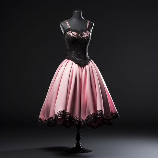 NiceVestidos--Black - Pink Contrast Lace Spaghetti - Strap Midi Prom Dress NV5767