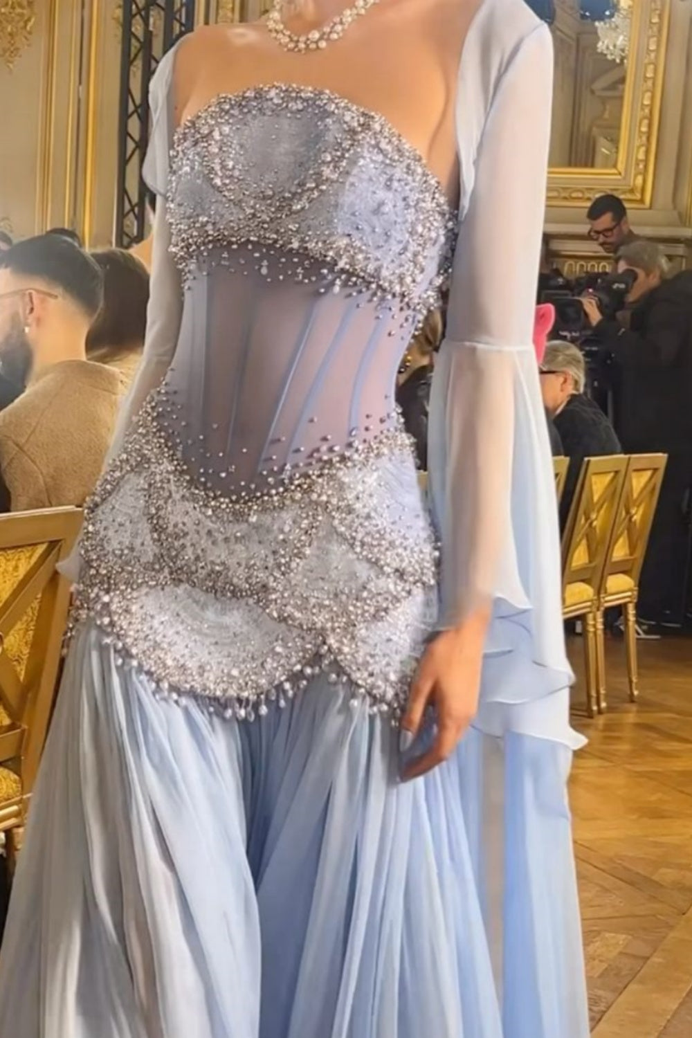 Fairy Luxury Court Style Light Blue Beaded Sheer-Sleeve Train Gown - Ocean Theme Wedding & Ball Dress NV6382