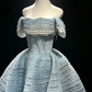 Off Shoulder Ice Blue Tulle Prom Dress Corset Bodice Striped Rhinestone Structured Princess Ball Gown  NV6993