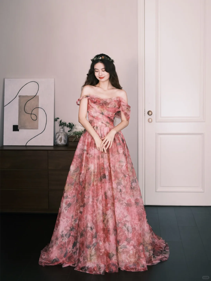 Off Shoulder Pink Watercolor Floral Tulle Prom Dress, Romantic A-Line Evening Gown  NV7332