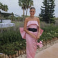 Rosa Satin Trägerloses Langes Ballkleid Abendkleid mit Schleife nv2738