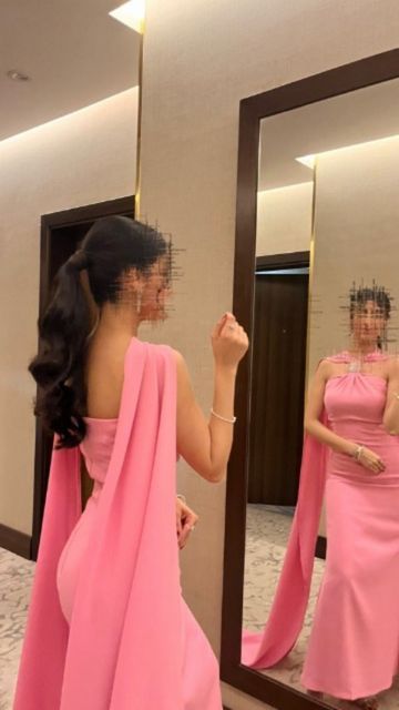 Robe de soirée longue rose simple et élégante avec bretelles et ruban nv2440