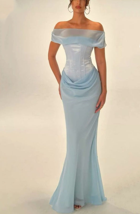 Hellblaues schulterfreies Meerjungfrau-Kleid im Slim Fit, bodenlanges langes Satin-Ballkleid, Partykleid, Abendkleid, NV4107