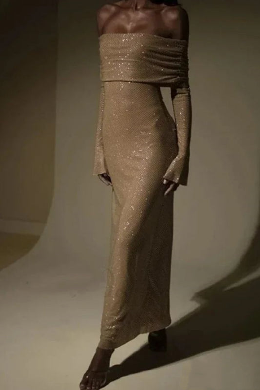 Champagne gold/grey sequined long sleeves charming off-the-shoulder long prom dress party dress nv5295