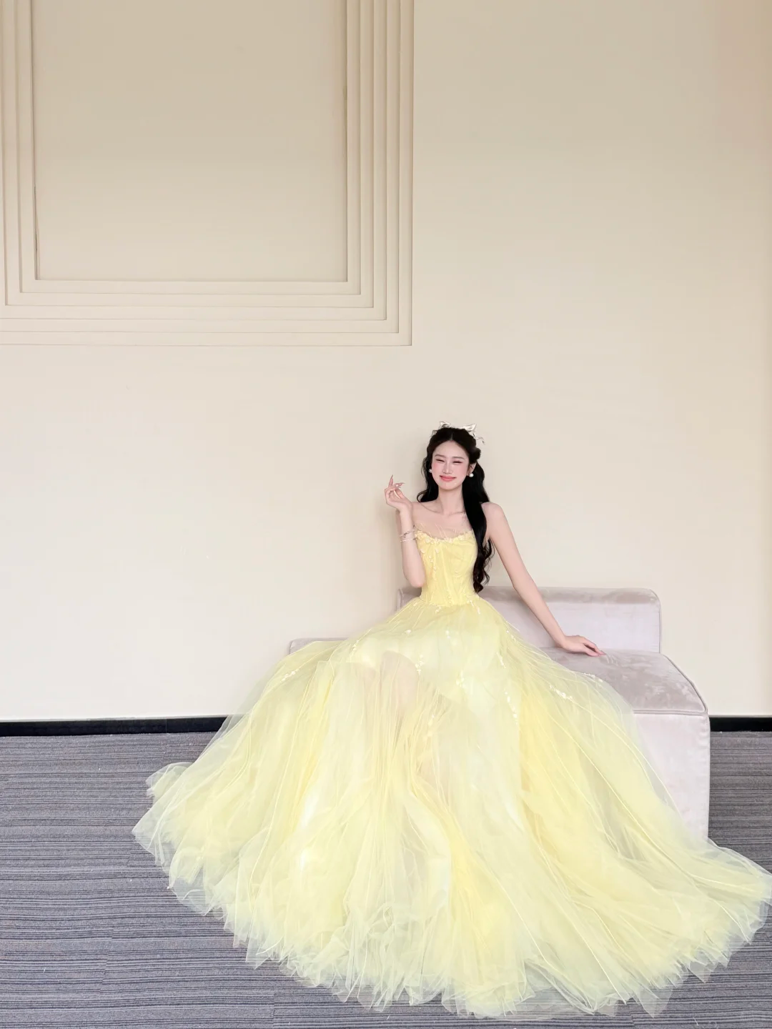 Strapless Pale Yellow Pearl Beaded Fairy Tulle Ball Gown Prom Dress  NV7422