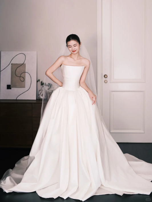 Strapless Satin Ball Gown Wedding Dress, Minimalist Bridal Gown  NV7347