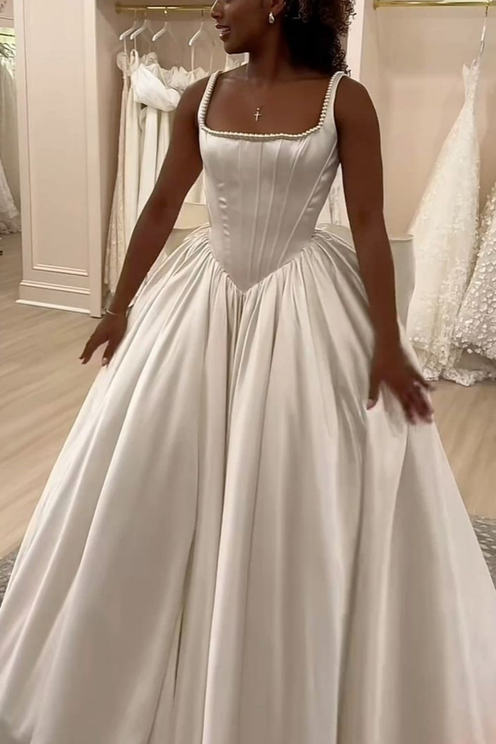NiceVestidos--Short Sleeve Satin Long Square Neck Wedding Dress Corset NV5884