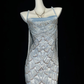 1920s Gatsby Style Ice Blue Spaghetti Straps Midi Formal Dress Heavy Hand Beading Geometric Scale Pattern With Side Ribbons  NV6889
