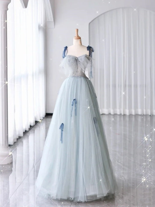 Light blue elegant sweetheart neckline exquisite bow straps long tulle ball gown evening dress graduation dress nv3786