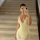 Yellow Fashion Elegant V-neck Mermaid Tulle Sequin Long Prom Dress Evening Gown Party Dress nv2441