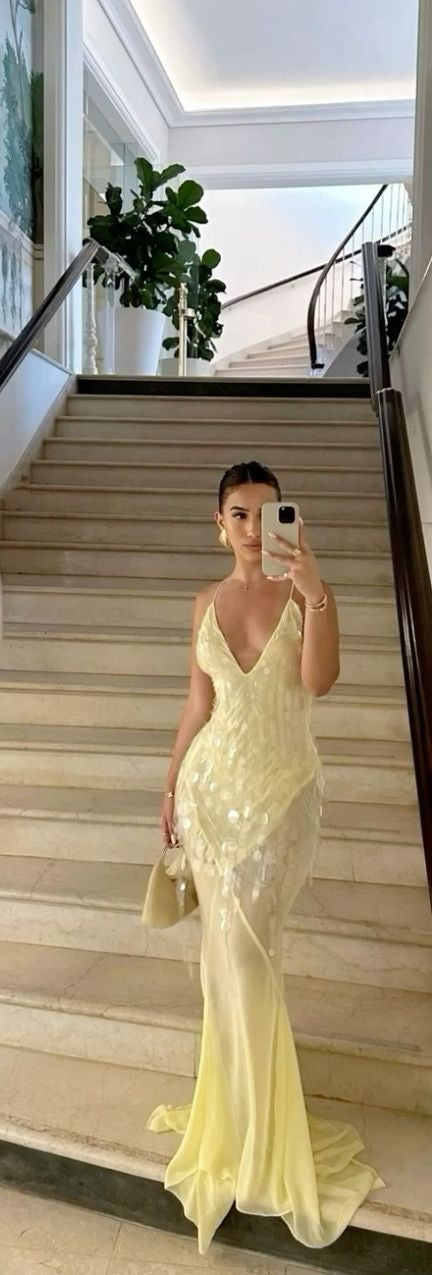 Yellow Fashion Elegant V-neck Mermaid Tulle Sequin Long Prom Dress Evening Gown Party Dress nv2441