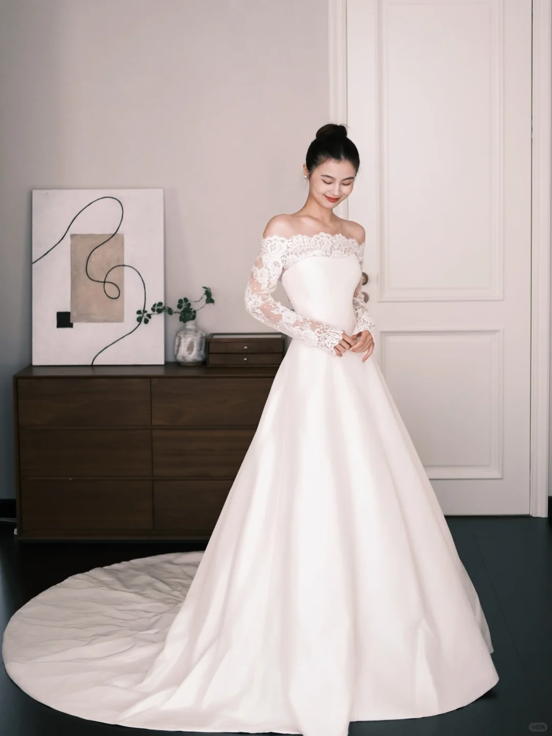 White Off The Shoulder Lace Sleeve Satin Wedding Dress  NV7237