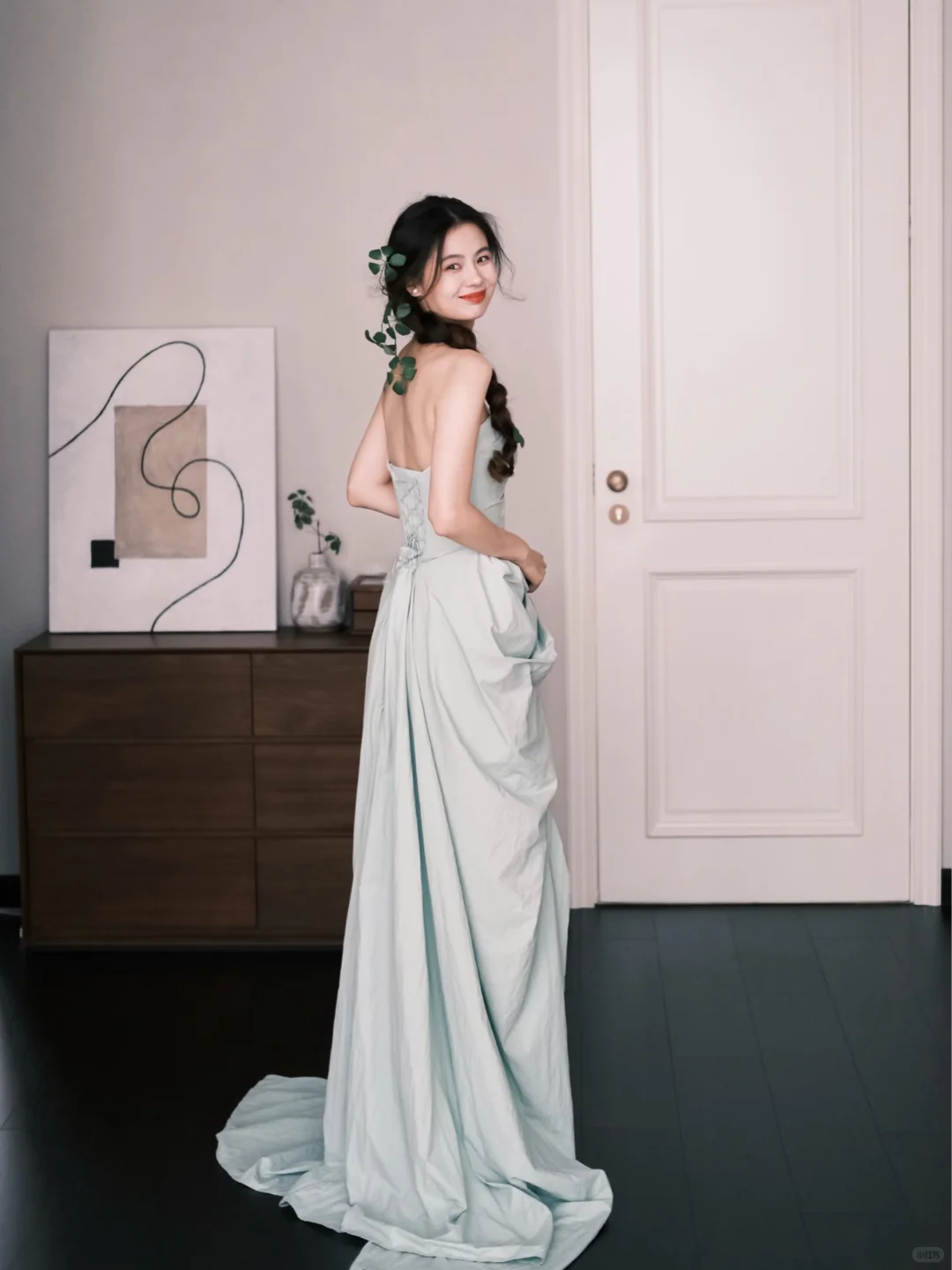 Strapless Ruched Evening Gown Mint Green Draped Overlay Sequin Prom Dress  NV7251