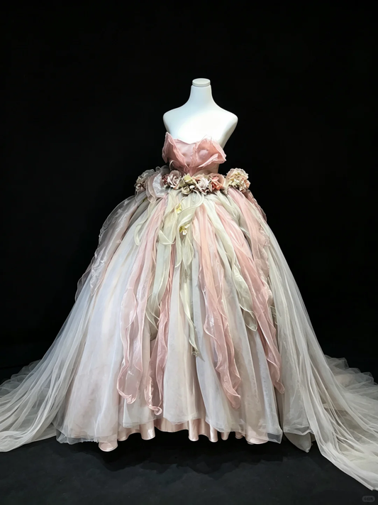 Dusty Pink Strapless Princess Ball Gown 3D Petal Hand Flowers Flowy Organza Tulle Long Evening Gown  NV7015