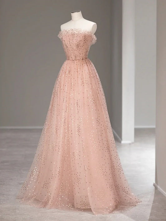 Robe de soirée trapèze rose magnifique, décolleté en dentelle exquise, paillettes, longue en tulle, élégante, longueur au sol, nv3814
