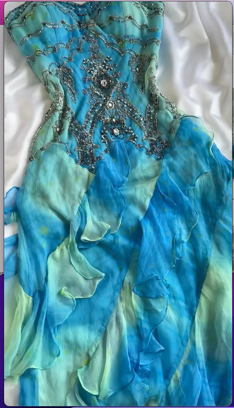 NiceVestidos--Short Blue Gradient Shiny Gorgeous Retro Fashion Exquisite Gemstone Beads Long Ankle Length Chiffon Ruffle Ball Dress Evening Dress Party Dress Prom Dress NV5709