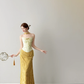 New Chinese Two Piece Mermaid Evening Dress Strapless Jacquard Gown  NV7115