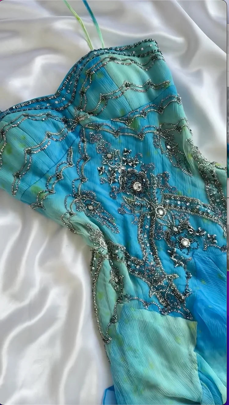 NiceVestidos--Short Blue Gradient Shiny Gorgeous Retro Fashion Exquisite Gemstone Beads Long Ankle Length Chiffon Ruffle Ball Dress Evening Dress Party Dress Prom Dress NV5709