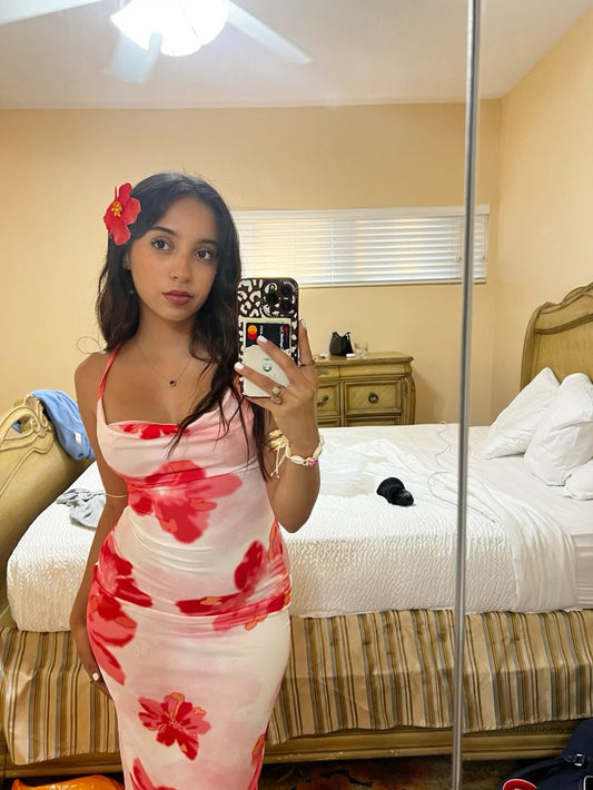 Robe de soirée longue rouge élégante à bretelles spaghetti et motif floral, tenue de fête de vacances en bord de mer nv2801