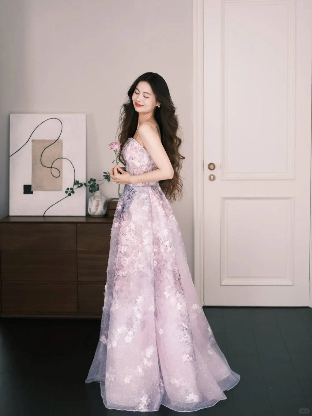 Pink Purple Ombre Strapless 3D Floral Prom Dress  NV7225
