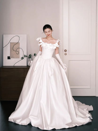 White Off The Shoulder Princess Satin Wedding Dress  NV7232