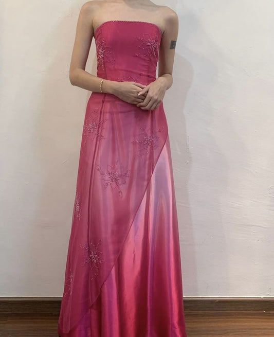 Robe de soirée longue en satin et tulle rose, épaules dénudées, perles exquises, nv3614