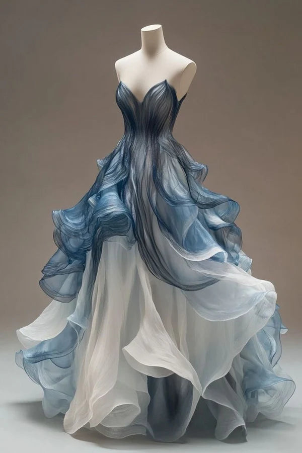 Blaues Vintage-Mode A-Linie V-Ausschnitt Tüll Langes Ballkleid Abendkleid nv3760