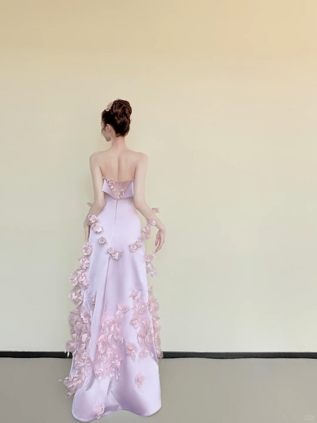 Light Pink Strapless Satin Prom Dress with 3D Floral Appliques, A-Line Long Evening Gown  NV7438