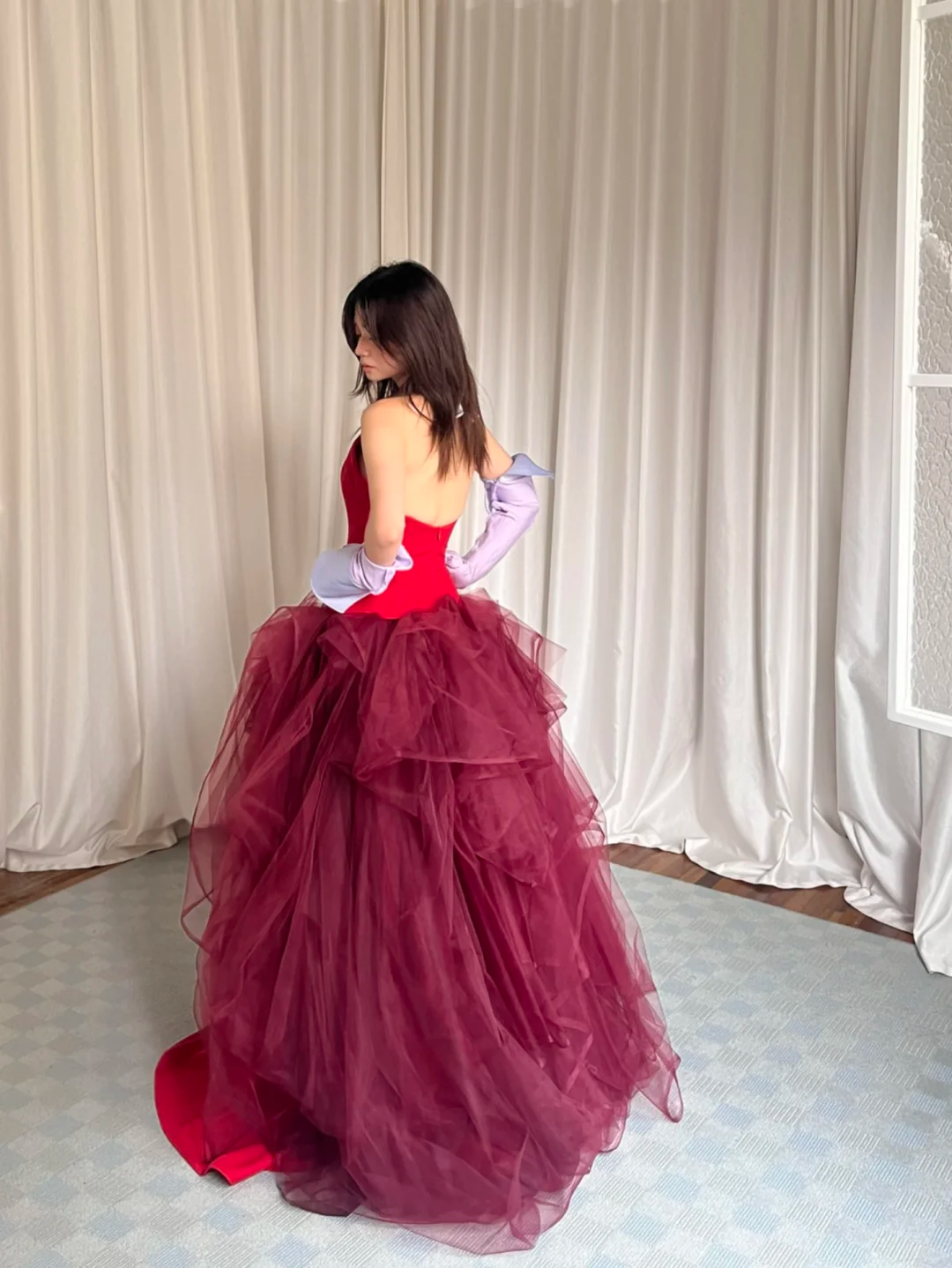 Red Halter Deep V Tulle Evening Gown with Brown Layered Overskirt  NV7193
