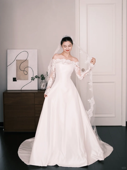 White Off The Shoulder Lace Sleeve Satin Wedding Dress  NV7237