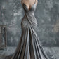 High-End Cool-Elegant Style Spaghetti Strap Deep V Gown | Silver-Gray Satin Ruched Mermaid Train Maxi Dress for Gala Red Carpet High-End Business Social Event NV6277