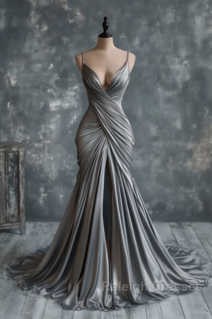 High-End Cool-Elegant Style Spaghetti Strap Deep V Gown | Silver-Gray Satin Ruched Mermaid Train Maxi Dress for Gala Red Carpet High-End Business Social Event NV6277