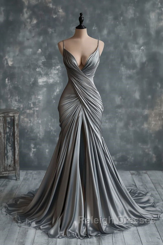 High-End Cool-Elegant Style Spaghetti Strap Deep V Gown | Silver-Gray Satin Ruched Mermaid Train Maxi Dress for Gala Red Carpet High-End Business Social Event NV6277
