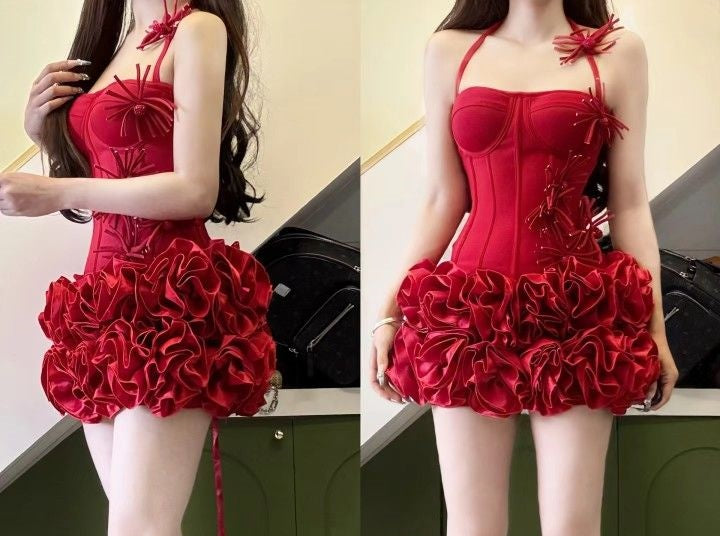 Rotes, florales Neckholder-Kurzkleid mit Perlenbesatz, Ballkleid, Geburtstagskleid, NV4822