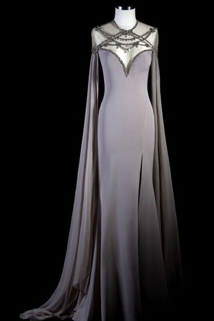 Gray-Tone Satin Sheer Neck Beaded Shawl Slit Floor-Length Gown NV6234
