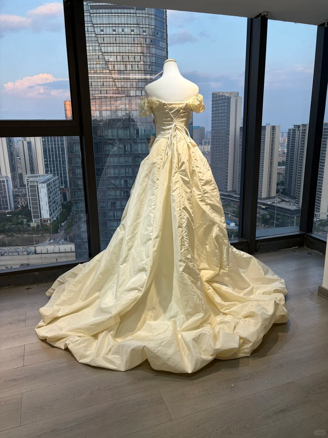 Off Shoulder Cream Yellow Victorian Wedding Dress Puff Sleeve 3D Flowers Ruffled Satin Lace Long Train Ball Gown  NV6978