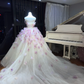 White Ombre Lavender Strapless Tulle Ball Gown, Corset Dress with 3D Gradient Floral Petals & Feather Trim  NV7097