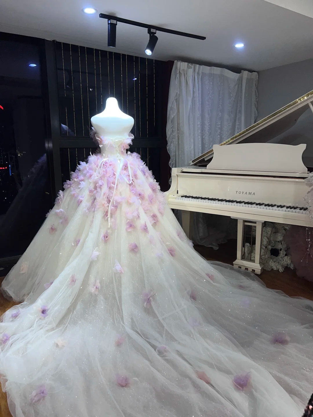 White Ombre Lavender Strapless Tulle Ball Gown, Corset Dress with 3D Gradient Floral Petals & Feather Trim  NV7097