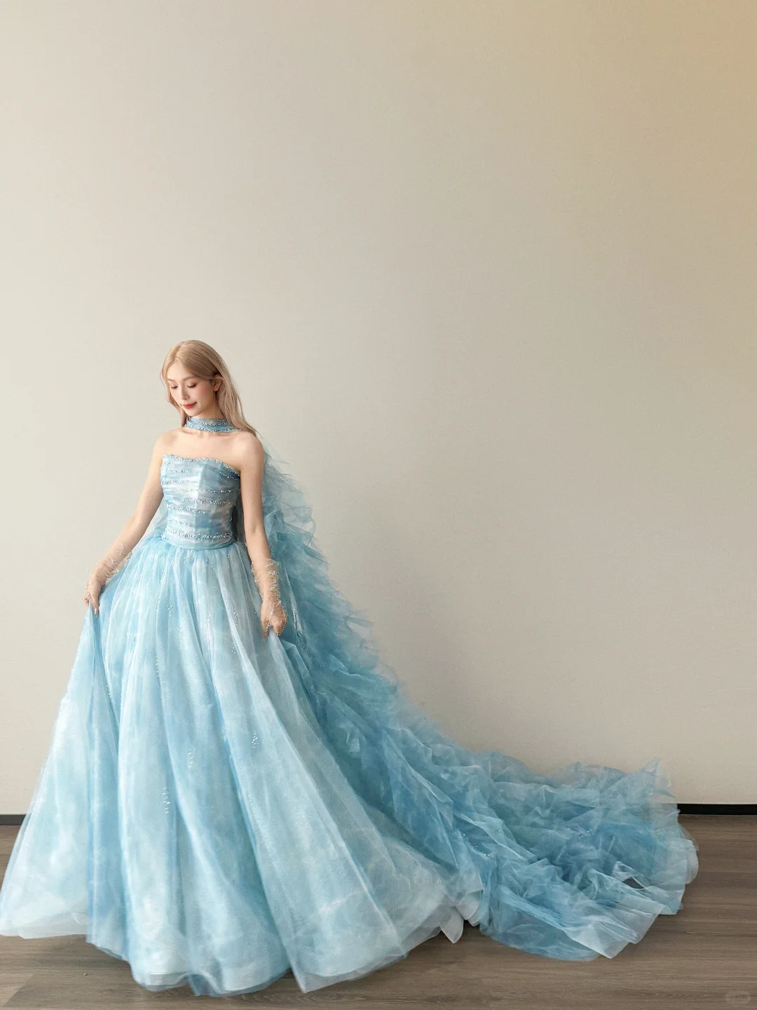 Ice Blue Strapless Glitter Tulle Ball Gown Prom Dress With Beading  NV7139