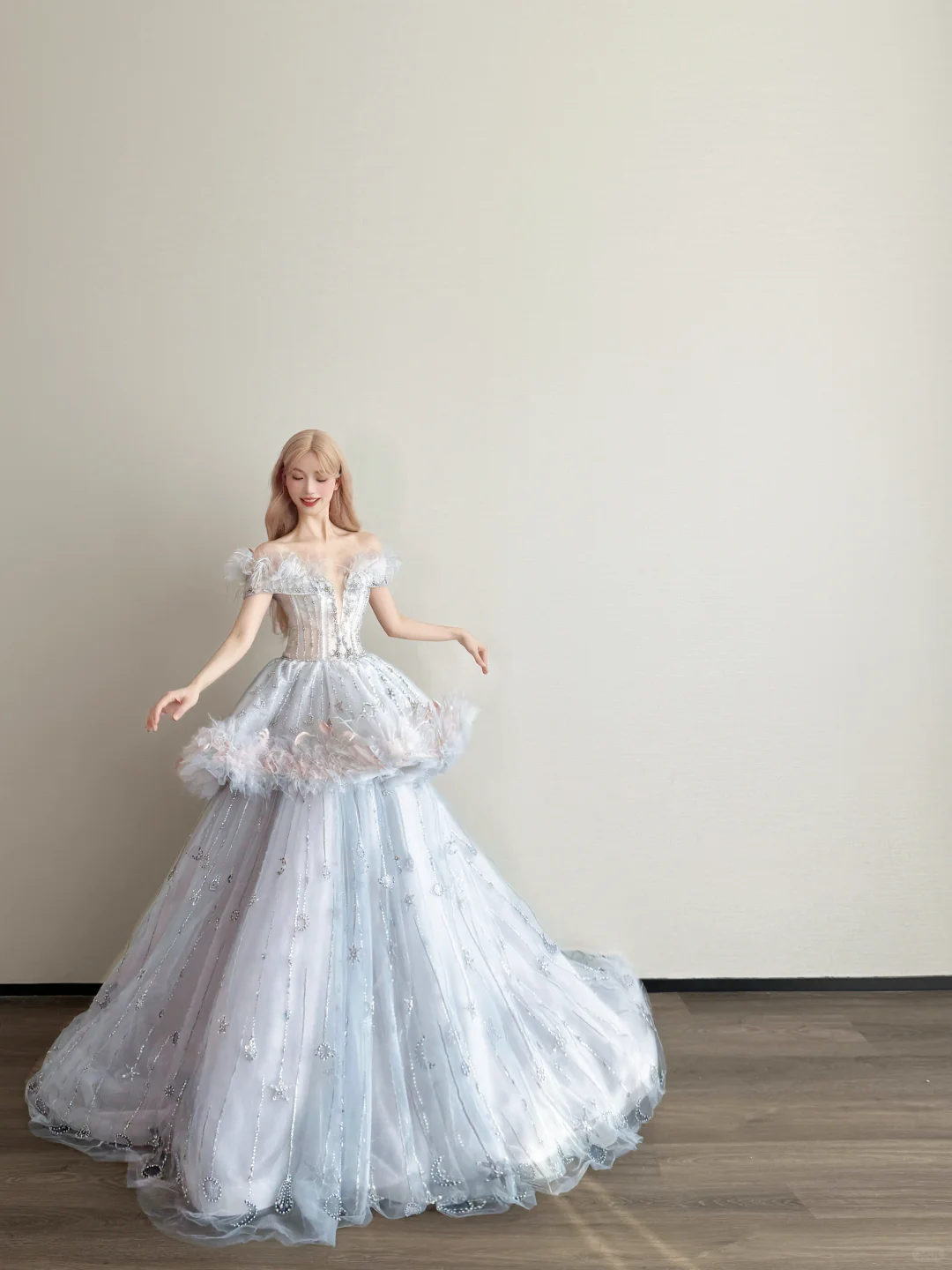 Light Ice Blue Feather Off Shoulder Prom Gown Star Moon Rhinestone Tulle Formal Dress  NV7165