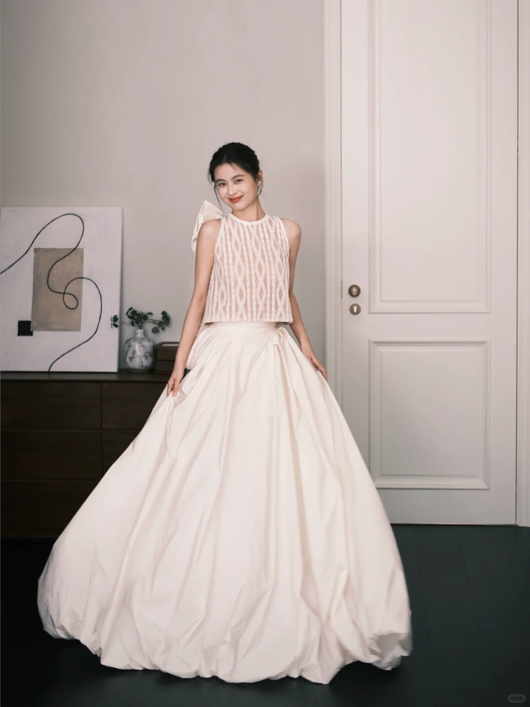 Two Piece Halter Lace Satin Wedding Dress with Back Bow and Pockets  NV7381