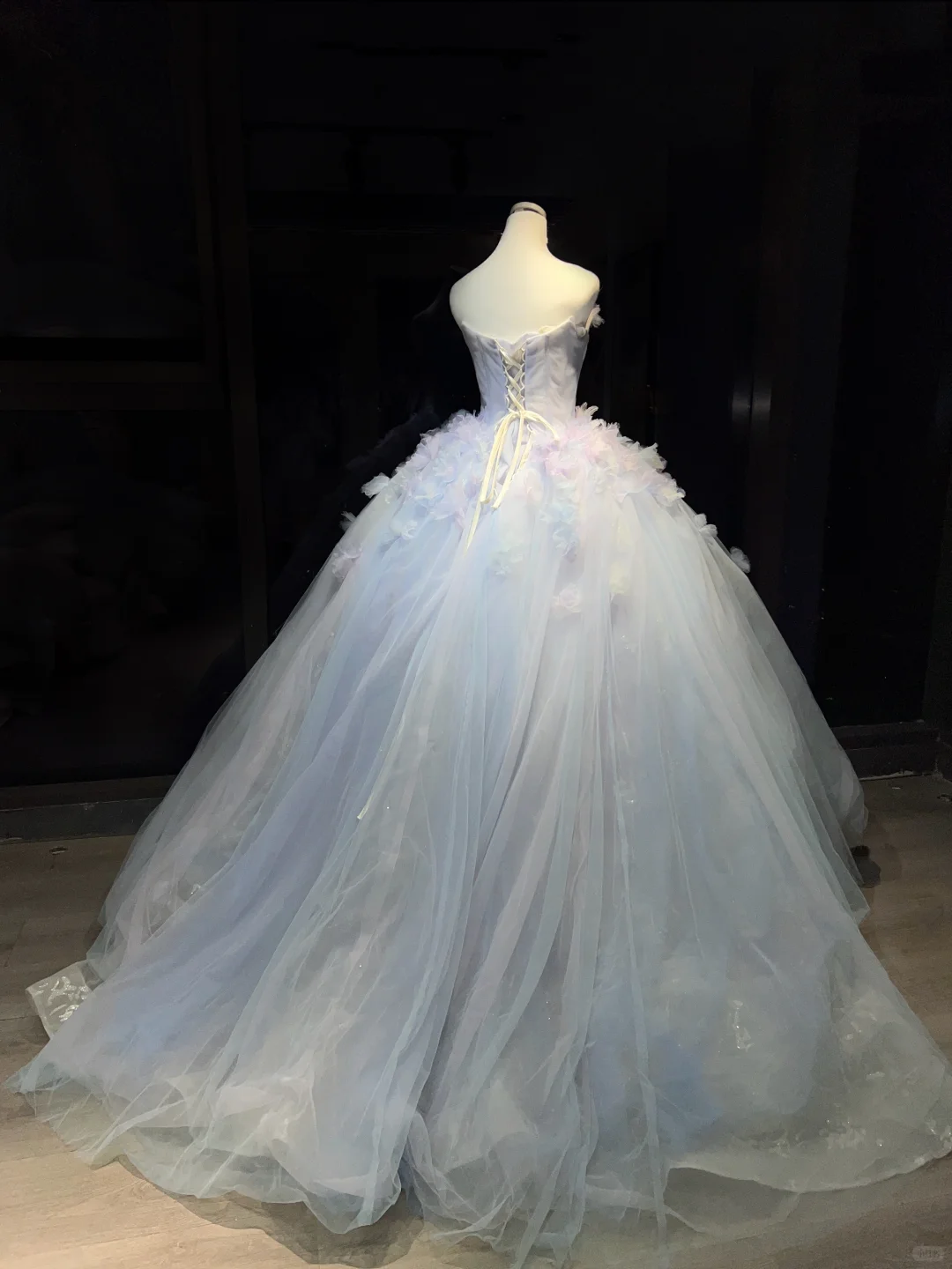 Strapless Light Lavender Blue Prom Dress Hand Beading 3D Flowers Sheer Tulle Ball Gown  NV7045