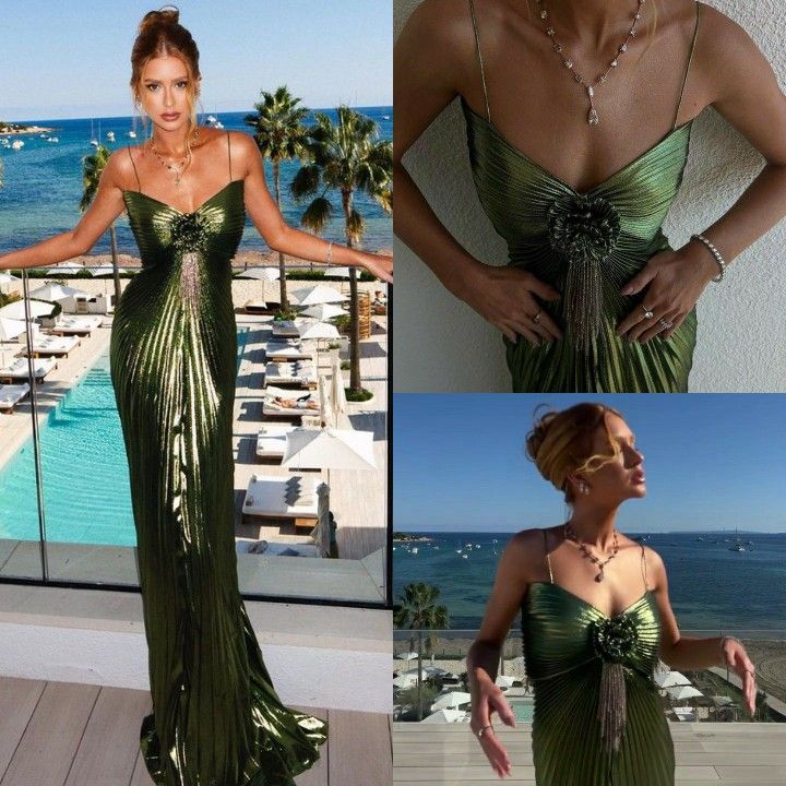 Robe de soirée longue à bretelles spaghetti et à la mode verte brillante, robe de soirée élégante en forme de tube papillon en trois dimensions, rose avec décoration en chaîne, nv2483