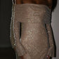 Champagne gold/grey sequined long sleeves charming off-the-shoulder long prom dress party dress nv5295