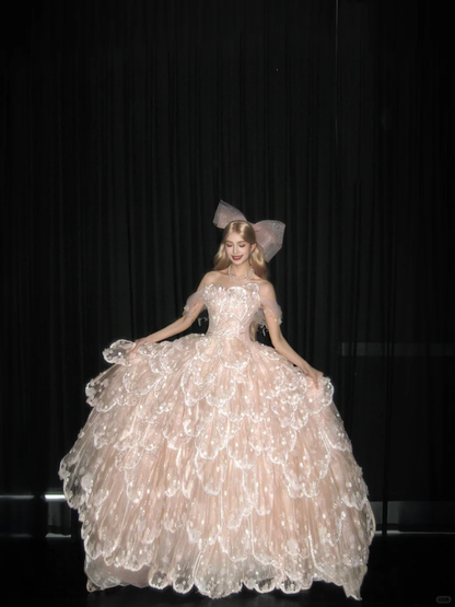 Off Shoulder Light Pink Ball Gown Prom Dress, Tiered Scalloped Tulle Beaded Evening Gown  NV7108