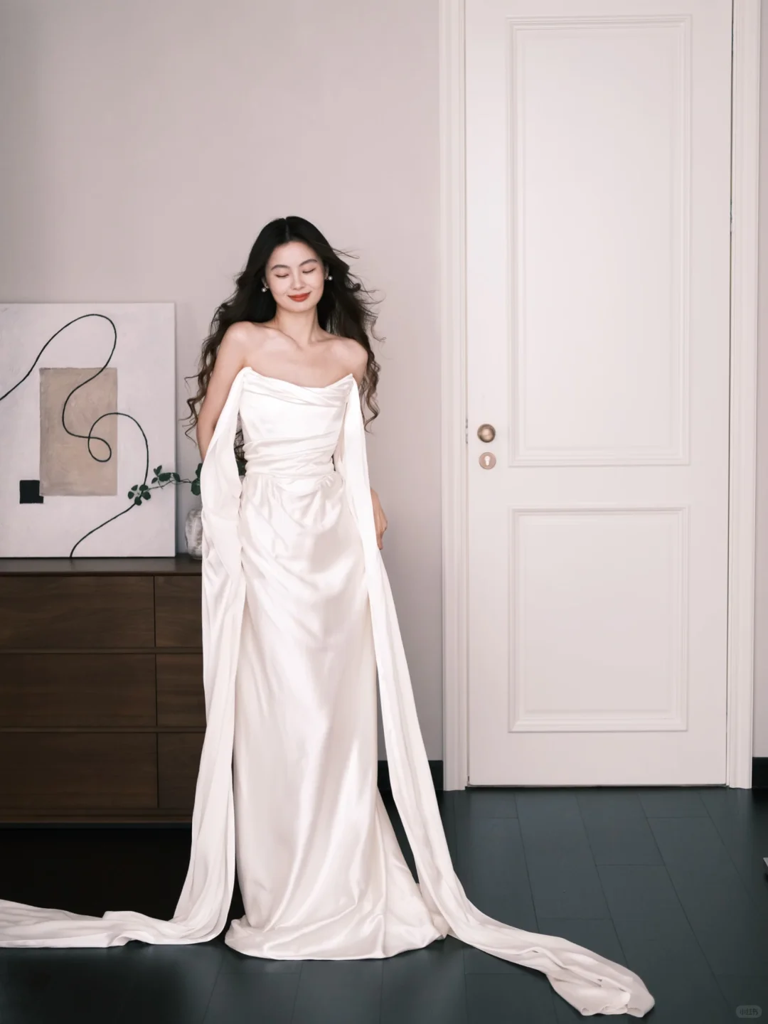 White Strapless Draped Satin Wedding Dress With Long Streamers  NV7230