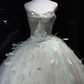 Mint Green Sparkly Tulle Ball Gown Strapless Feather Rhinestone Long Prom Dress  NV7082
